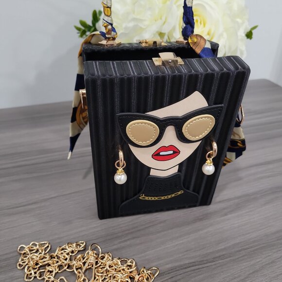Chic Fashion Lady Face Trendy Box Handbag w/Pearl Earrings, Scarf Twilly Handle - Picture 5 of 10